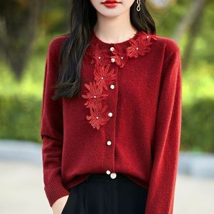 红色钉珠绣花毛衣女冬季 外套 穿搭新款 本命年百搭立体钩花针织开衫