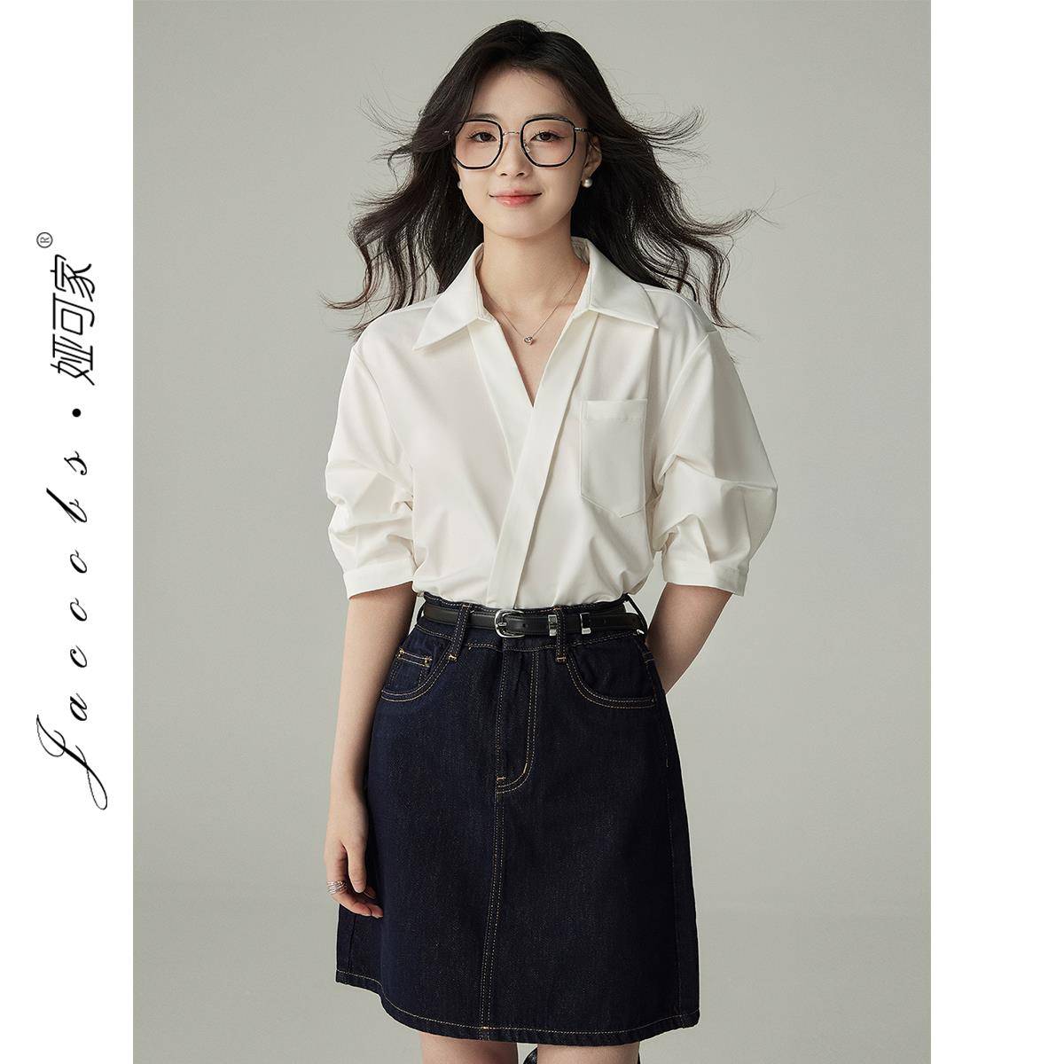 娅可家衬衫女短袖2025年夏季新款法式小众设计感气质减龄V领上衣