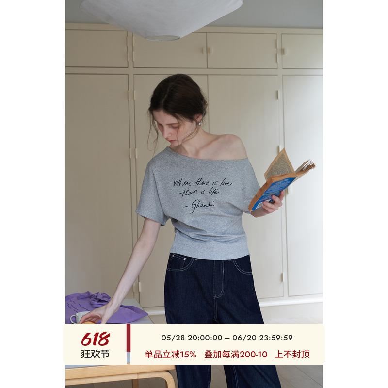 EGGKA斜肩字母短袖T恤女夏T恤