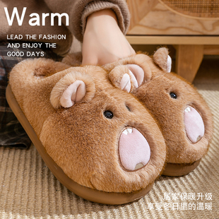 土拨鼠可爱卡通棉拖鞋女2025新款秋冬情侣加绒防滑保暖毛毛绒鞋男