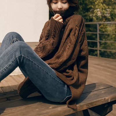 加厚高领毛衣女慵懒风复古针织衫麻花咖色宽松套头外穿打底衫黑色