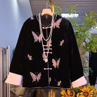 秋冬新款重工刺绣订珠蝴蝶新中式国风上衣盘扣复古加棉金丝绒外套