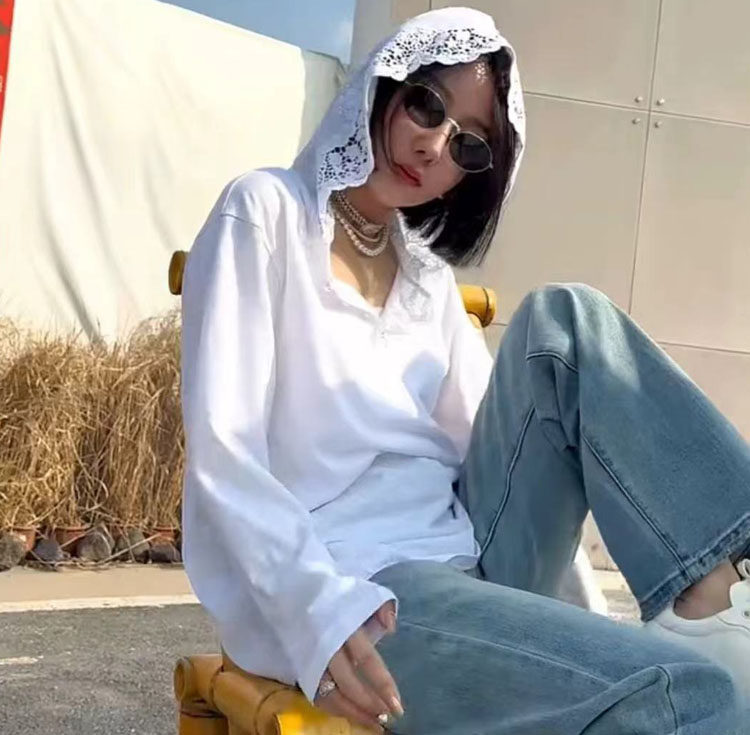 长袖韩版薄款蕾丝连帽女叠穿小衫