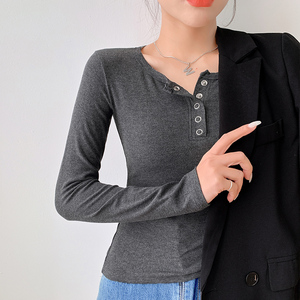 RM23645#美式正肩长袖t恤女秋季设计感半开领纯棉修身打底衫