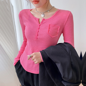 RM23646#修身显瘦百搭纽扣V领长袖短款T恤上衣早秋气质韩版打底衫女