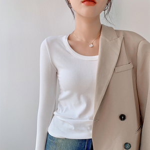 RM23647#圆领螺纹长袖T恤女纯色修身内搭打底衫体恤ins上衣