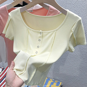 RM5584#柳钉半开衫短袖T恤女2023夏季新款短款内搭半袖上衣方领打底