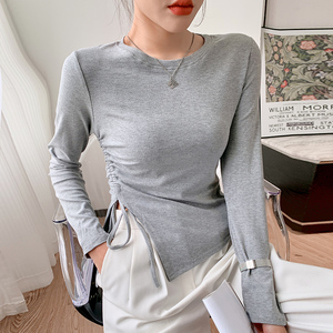 RM23648#圆领修身显瘦打底衫设计感小众长袖早秋新款T恤内搭上衣