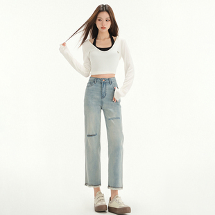 150cm小个子浅色破洞直筒牛仔裤女春夏季时尚穿搭高腰弹力烟管裤
