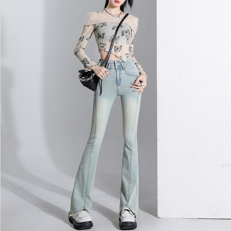 小个子浅蓝色微喇牛仔裤女春夏季