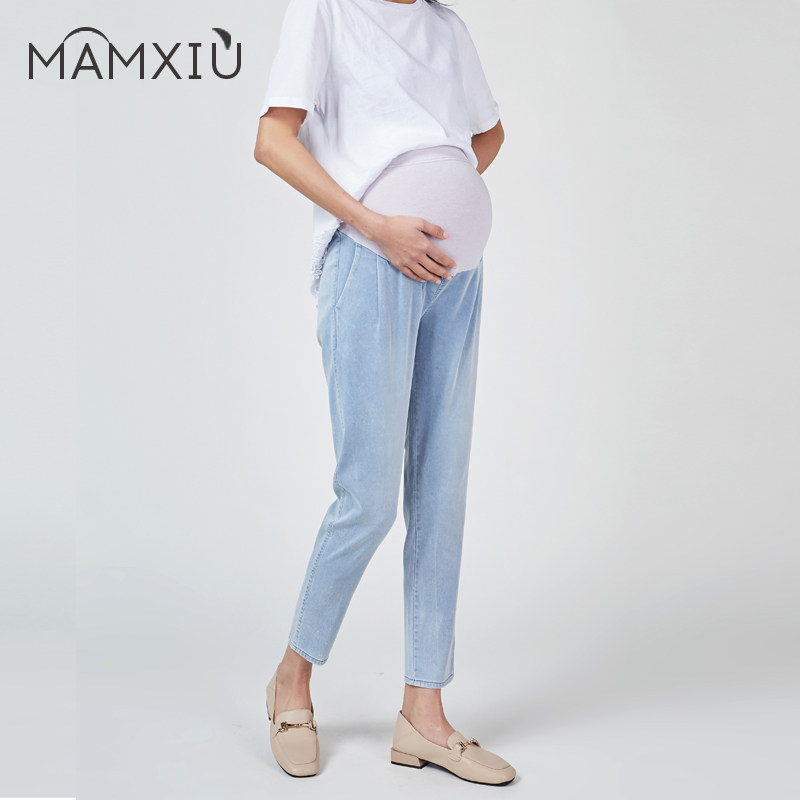 孕妇裤冰丝牛仔裤2023新款春夏季薄款小直筒烟管裤外穿托腹九分裤