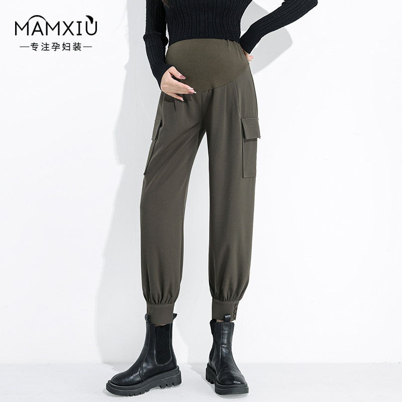 孕妇裤春秋款2022新品时尚口袋纽扣束脚工装裤宽松显瘦托腹九分裤