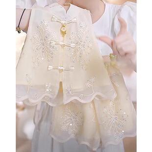 女童夏季国风冰丝套装2025新款儿童新中式盘扣刺绣背心短裤两件套