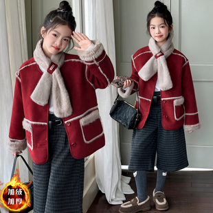 女童皮毛一体外套冬装2025新款儿童加厚毛毛衣机车服洋气妮子大衣