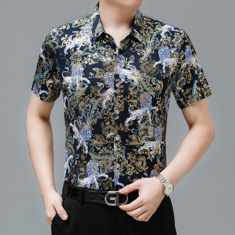 568新款男士短袖衬衫商务休闲时尚烫金花衬衫上衣P30，男装衬衫，星座1615