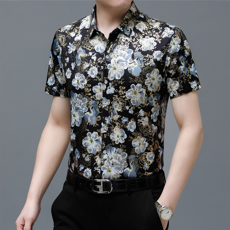 586新款男士短袖衬衫商务冰丝休闲时尚花衬衫上衣P30,男装衬衫,星座1615