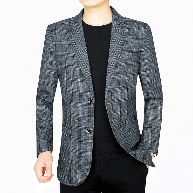 702  新款男士青年格子休闲便西双扣贴袋外套西装P80图片