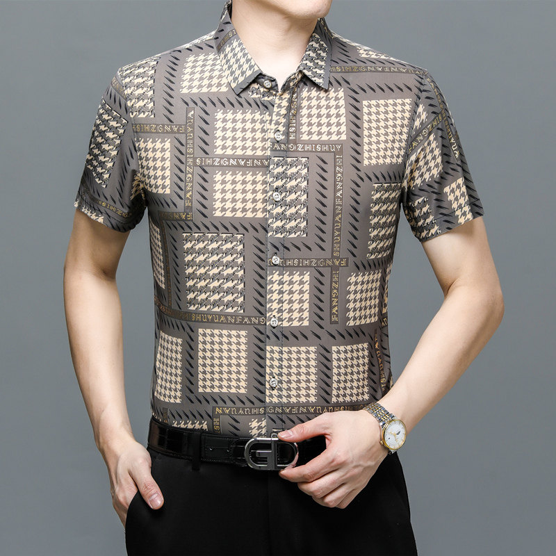 569新款男士短袖衬衫商务休闲时尚烫金花衬衫上衣P35,男装衬衫,星座1615
