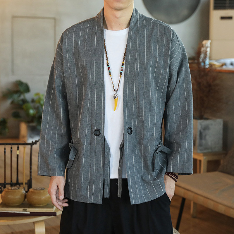 178风秋季新款男士条纹外套复古开衫汉服P55模特图灰色,男装衬衫,星座1615