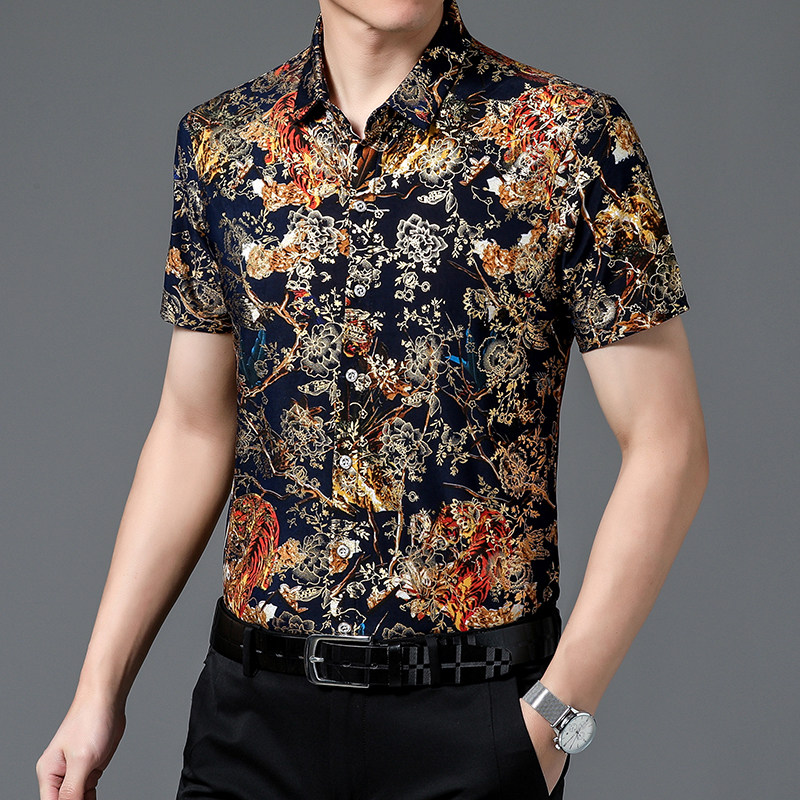 656新款男士短袖衬衫商务休闲时尚烫金花衬衫上衣P30,男装衬衫,星座1615