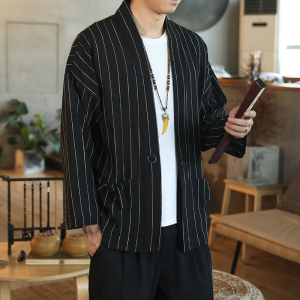 178 风秋季新款男士条纹外套复古开衫汉服P55 模特图 灰色图片