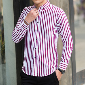 8210 秋季新款大码男士韩版条纹长袖衬衫P35 红色 模特图,男装衬衫,星座1615
