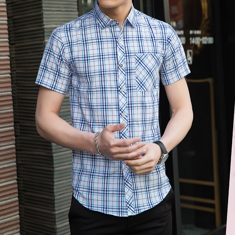 5017新款男士夏季大码休闲格子短袖衬衫P35模特图,男装衬衫,星座1615