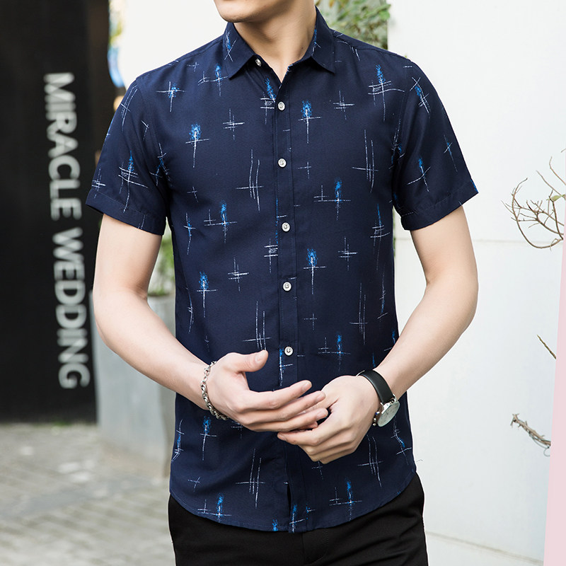 5014新款男士大码印花短袖衬衫P32模特图,男装衬衫,星座1615
