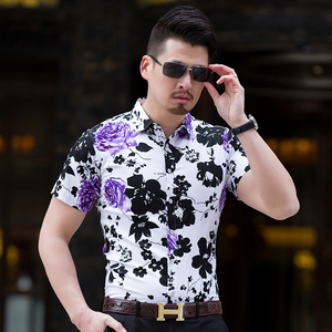 C2015 新款男士大码全棉贡缎花短袖衬衫P45 红花 模特图图片