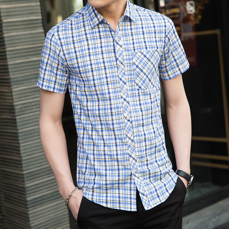 5016新款男士夏季大码休闲格子短袖衬衫P35模特图,男装衬衫,星座1615