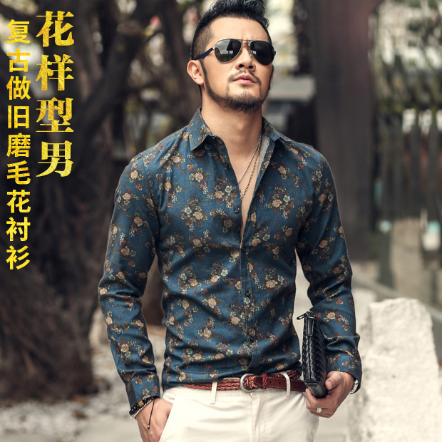 3包邮2021春装 时尚型男花朵印花衬衫 男士修身长袖衬衣男潮S2004
