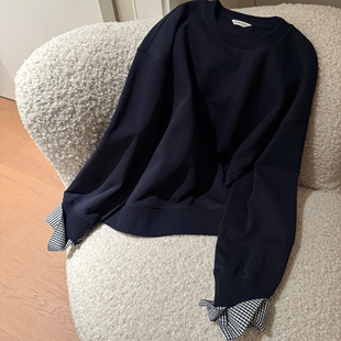 假两件袖 高定版 口格纹拼超减龄气质卫衣女 miu系学姐 muzi