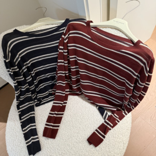 muzi 针织衫 美式 天丝亚麻复古撞色条纹长袖 女 曲奇 miss