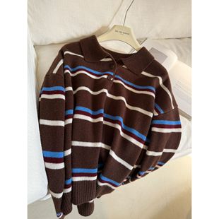 会起球 高克重100%绵羊毛polo领条纹毛衣 巧克力毛衣 muzi