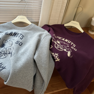 muzi “小努比卫衣”加绒加厚一体绒100%纯棉复古美式圆领卫衣