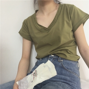 muzi定制 橄榄绿/温柔白/浅米灰/黑 人手一件的纯棉短袖V领T恤女