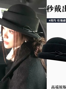 千金风黑色蝴蝶结系带小礼帽女秋季简约优雅盆帽帽子
