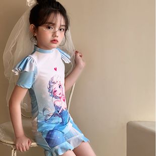 女宝卡通泳装 儿童泳衣连体平角爱莎公主女童泳衣短袖 新款 夏季
