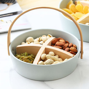 创意日式手提零食干果收纳盒 陶瓷客厅家用分格水果篮点心糖果盒