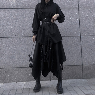 春秋半身裙女2025新款 高腰不规则山本设计感暗黑风长裙女复古 衬衫