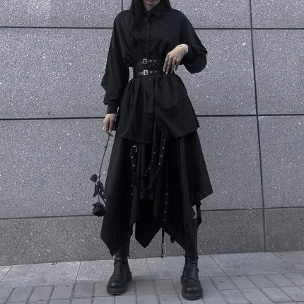 春秋半身裙女2026新款衬衫高腰不规则解构设计感暗黑风长裙女复古