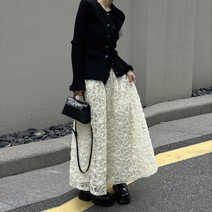 山本日系原创设计重工立体蕾丝绣花半身裙女秋季中长款大摆a字裙