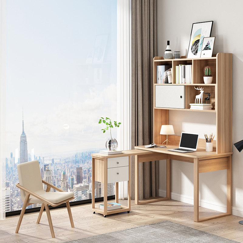 转角书桌书架组合简约现代书房可旋转写字台家用多功能电脑桌