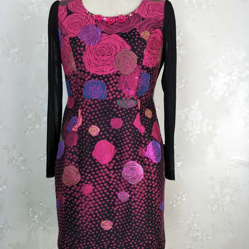 2025春秋新款女装提花绣花订珠气质妈妈装蕾丝长袖连衣裙158237