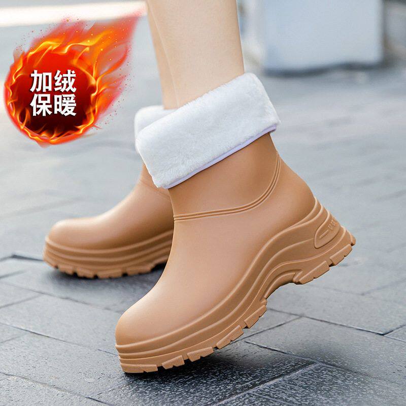 女鞋新款休闲流行加绒雨靴软胶鞋中跟红鞋网保暖防水中筒女款雨鞋