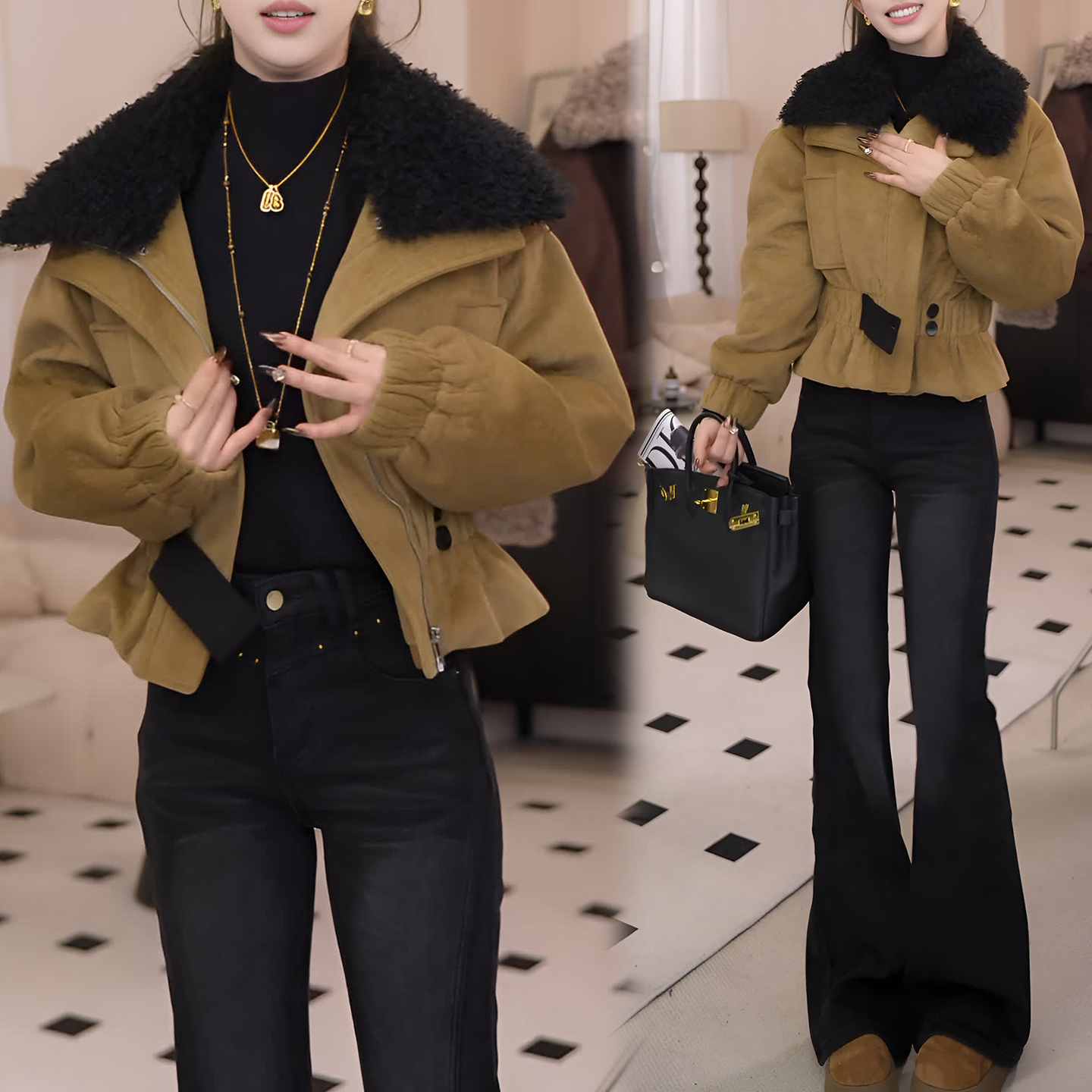 上衣女复古法式别致毛毛领短外套