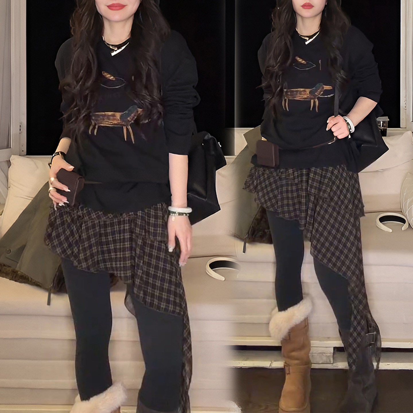 潮流复古穿搭一整套时髦小狗印花长袖T恤搭配不规则格纹半身裙子