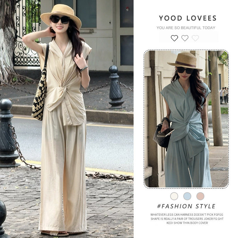 简约设计感套装女夏季扭结无袖上衣一整套ootd穿搭新款休闲直筒裤