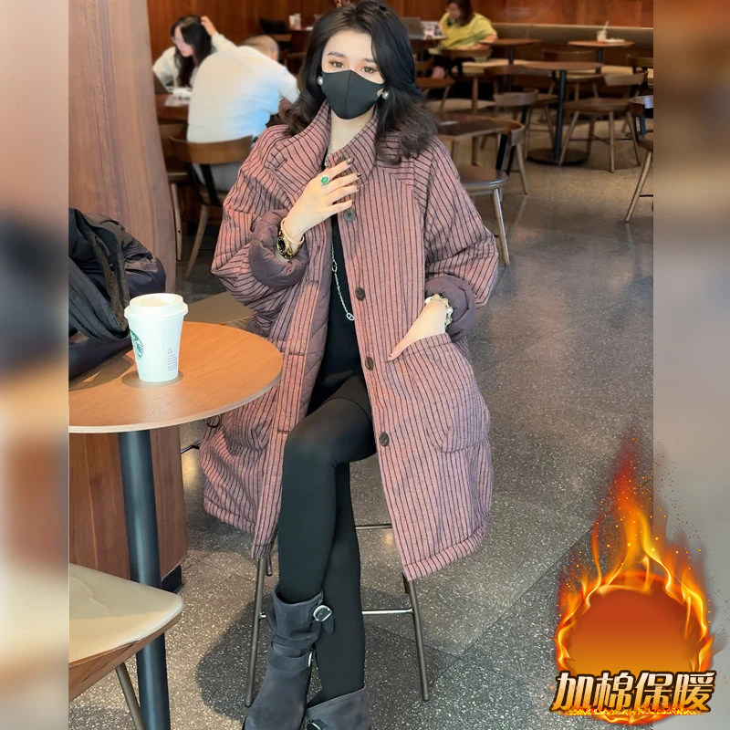 红色宽松加厚中长款竖条纹棉衣棉服女2026新款秋冬夹棉风衣外套