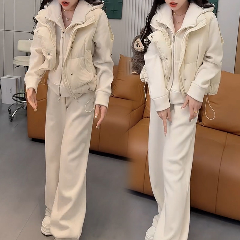 2026秋冬新款加绒休闲运动套装女无袖马甲时尚慵懒卫衣卫裤三件套